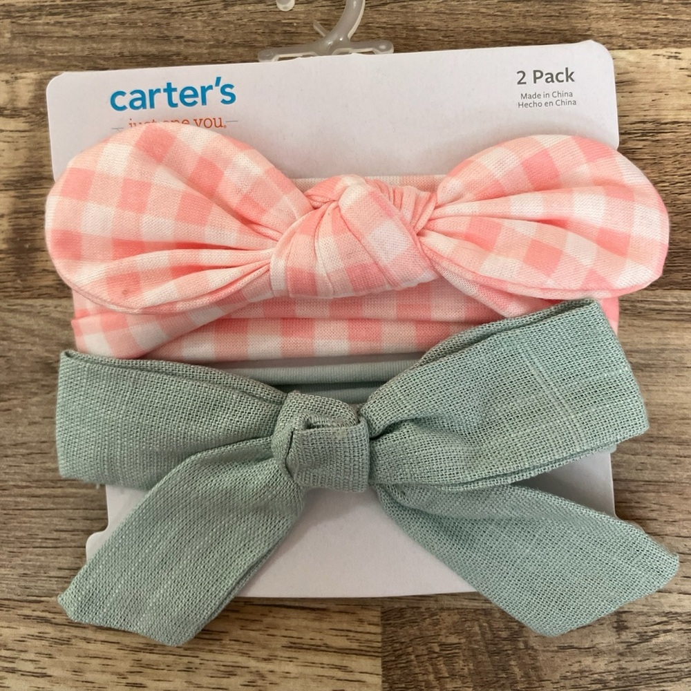 Carter's Baby Pink and Green Bow Headband Set